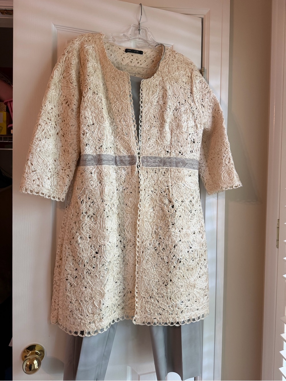 NIC+ZOE Cream Crochet Lace Trench Coat with Silver Waist Band